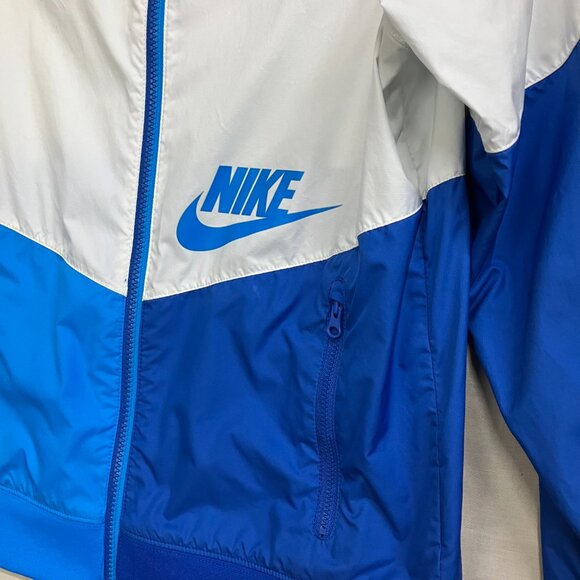 Nike Boys Size Large White/Blue (Colorblock Windbreaker) Full Zip Hooded Jacket - Picture 4 of 10
